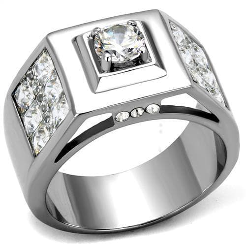 Stainless Steel CZ Round Square Bezel Pave Wide Mens Signet Ring