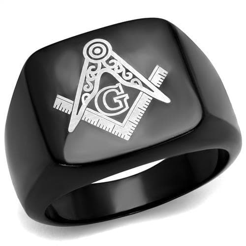 Stainless Steel Black IP Masonic Compass Square Signet Ring