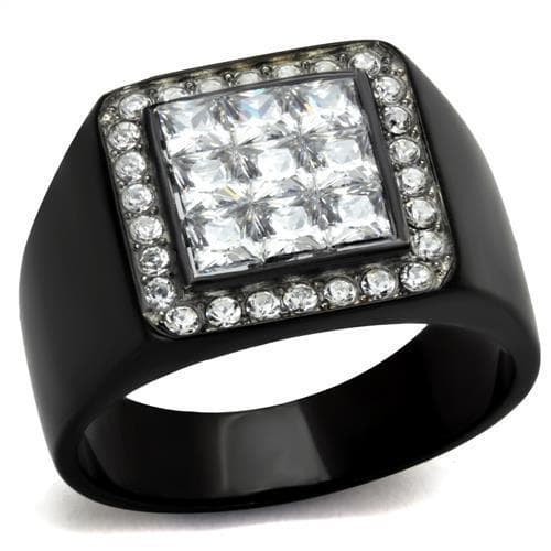 Stainless Steel Black IP CZ Princess Grid Pave Halo Mens Ring