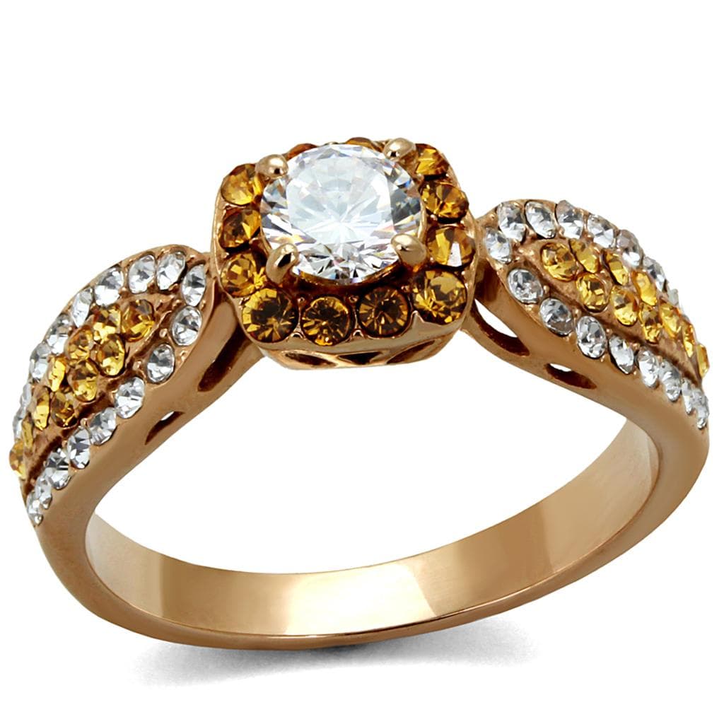 Stainless Steel Rose Gold CZ Round Halo Topaz Pave Ring