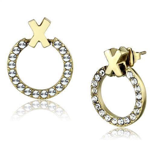 Stainless Steel Gold IP CZ Circle X Stud Earrings