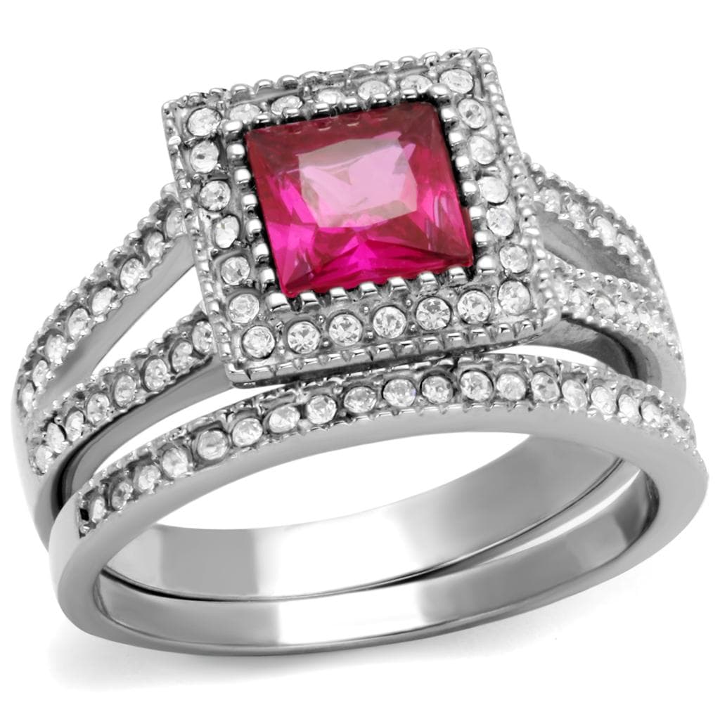 Stainless Steel Pink Ruby Princess CZ Halo Pave Bridal Ring