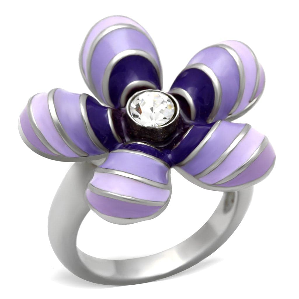 Stainless Steel Purple Lavender Enamel Flower CZ Ring