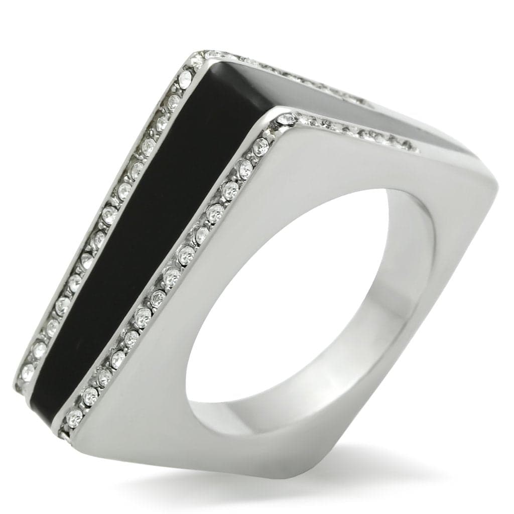 Stainless Steel Black Enamel CZ Edge Square Mens Signet Ring