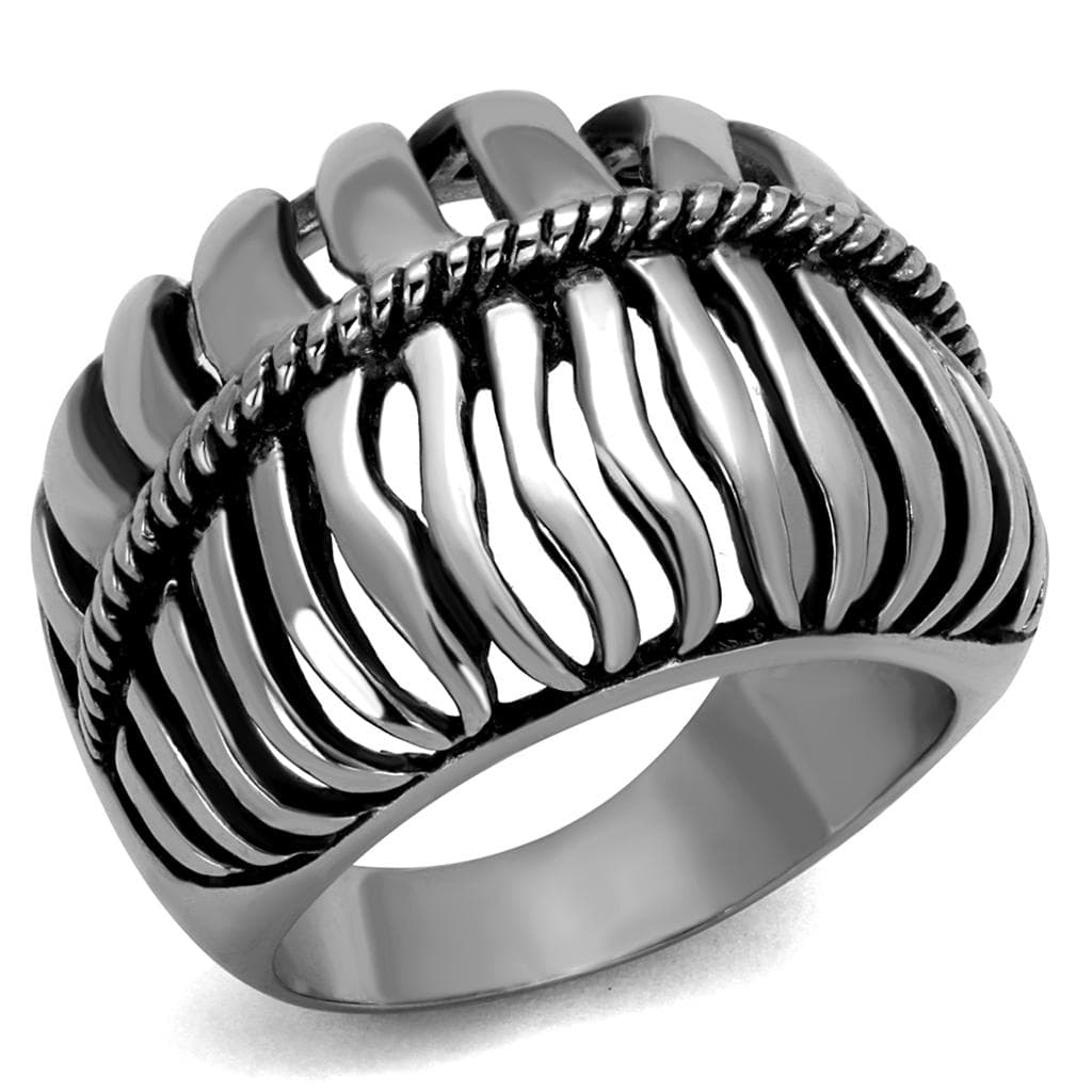 Stainless Steel Antiqued Ribbed Wave Dome Wide Ring
