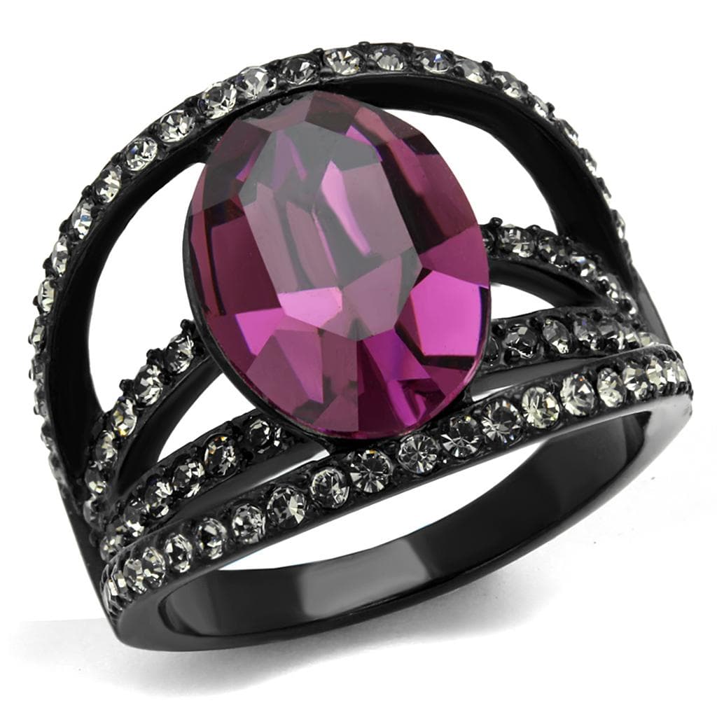 Stainless Steel Black IP Amethyst Purple Oval CZ Split Shank Ring