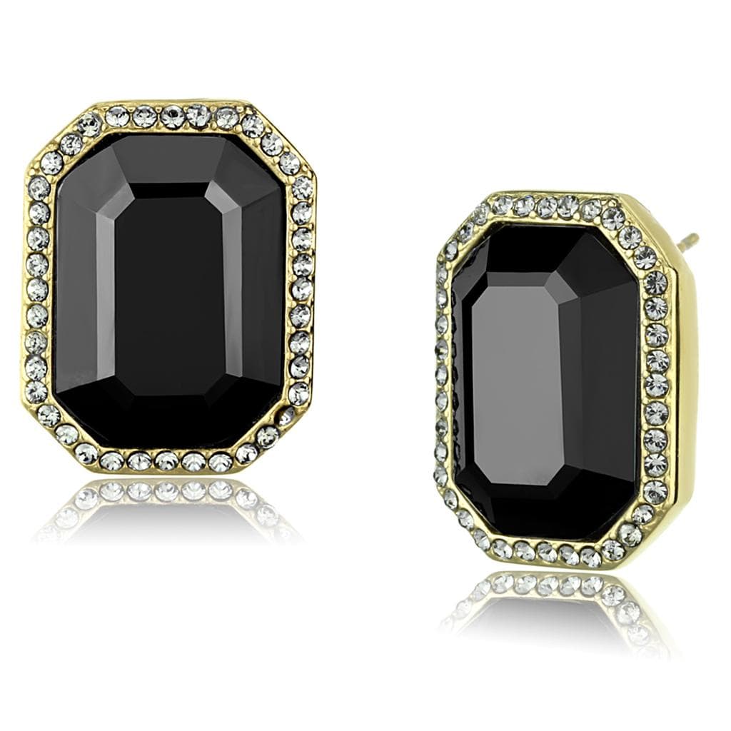 Stainless Steel Gold IP Black Onyx Emerald Cut CZ Halo Earrings
