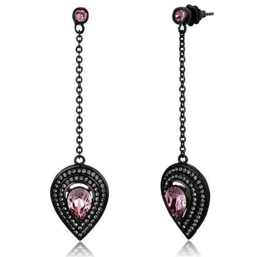 Stainless Steel Black IP Pink Pear CZ Halo Chain Drop Earrings