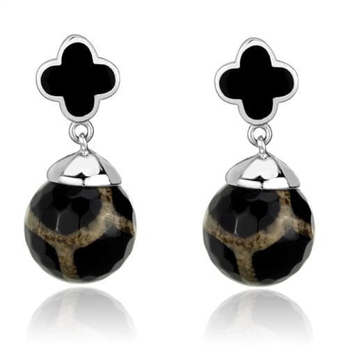 Stainless Steel Black Onyx Clover Ball Leopard Print Earrings