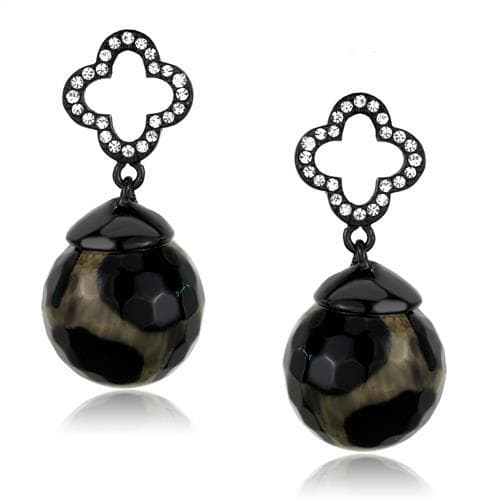 Stainless Steel CZ Clover Black Onyx Bead Drop Earrings