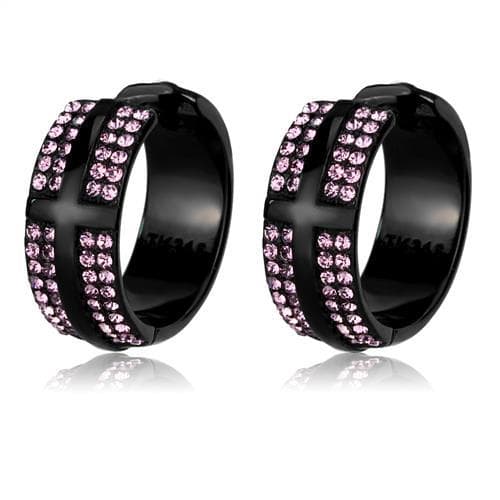 Stainless Steel Black IP Pink Crystal Cross Huggie Earrings