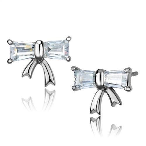 Stainless Steel CZ Baguette Bow Ribbon Stud Earrings