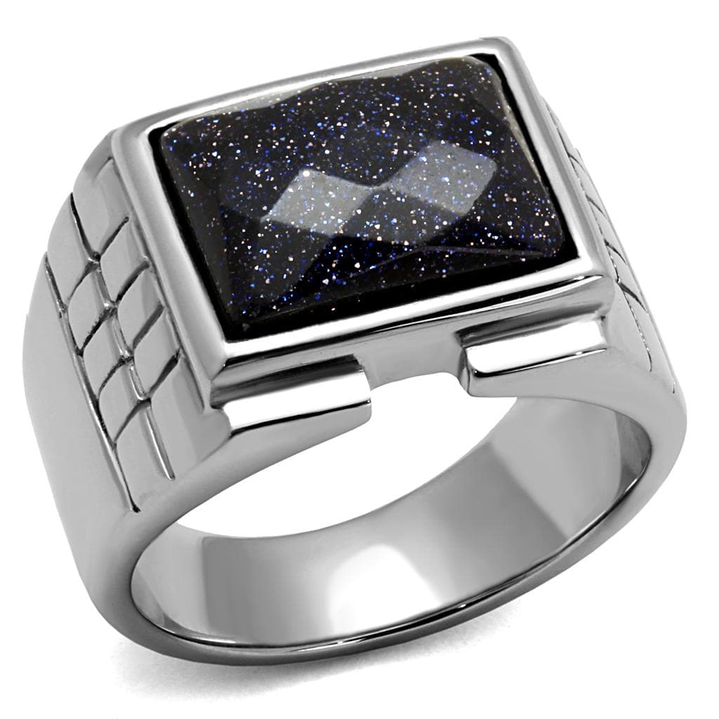 Stainless Steel Blue Goldstone Sparkle Square Mens Signet Ring