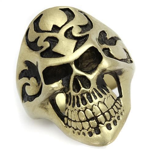 Stainless Steel Antiqued Brass Skull Tribal Tattoo Ring
