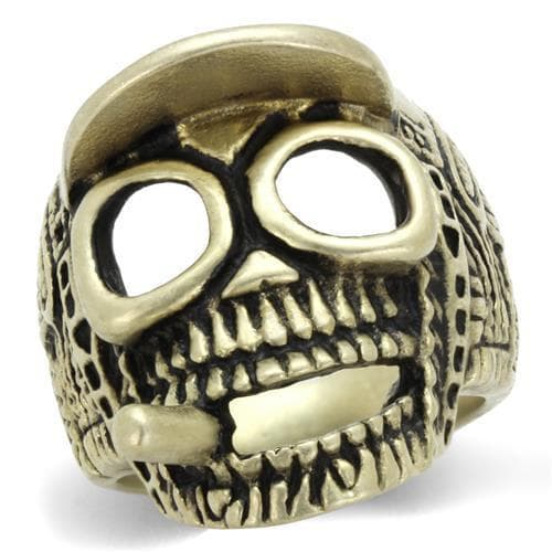 Stainless Steel Antiqued Brass Skull Cracked Grinning Ring