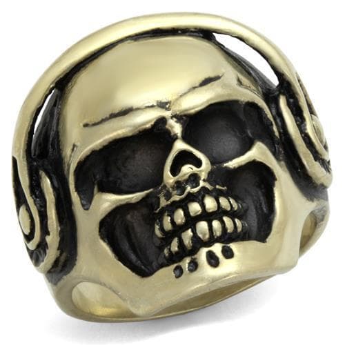 Stainless Steel Antiqued Brass Skull Headphones Aviator Ring