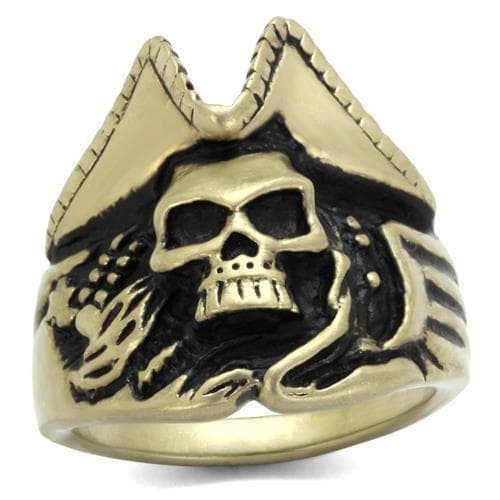 Stainless Steel Antiqued Brass Skull Pirate Hat Ring