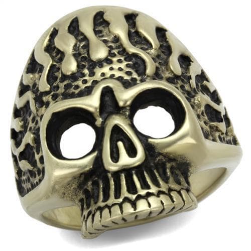 Stainless Steel Antiqued Brass Skull Flame Textured Dome Ring