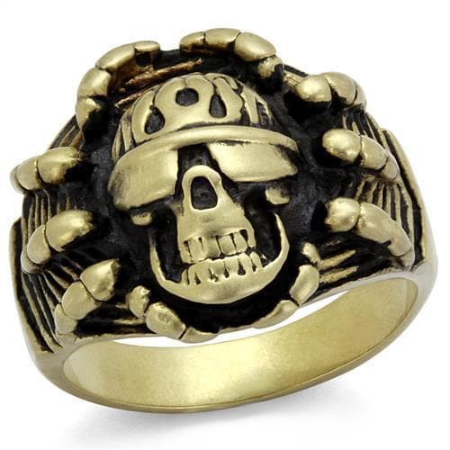 Stainless Steel Antiqued Brass Skull Pirate Crown Crossbones Ring