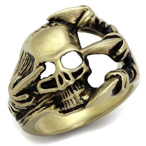 Stainless Steel Antiqued Brass Skull Axe Weapon Ring