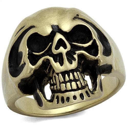 Stainless Steel Antiqued Brass Skull Grinning Large Ring