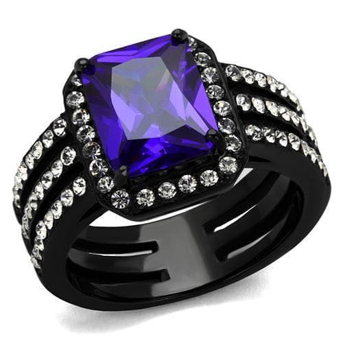 Stainless Steel Black IP Tanzanite Purple Emerald Cut CZ Ring