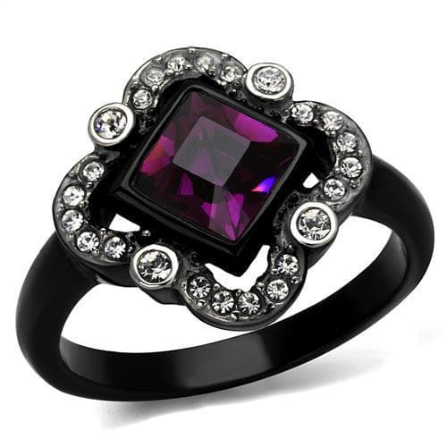 Stainless Steel Black IP Amethyst Purple Princess CZ Bezel Ring