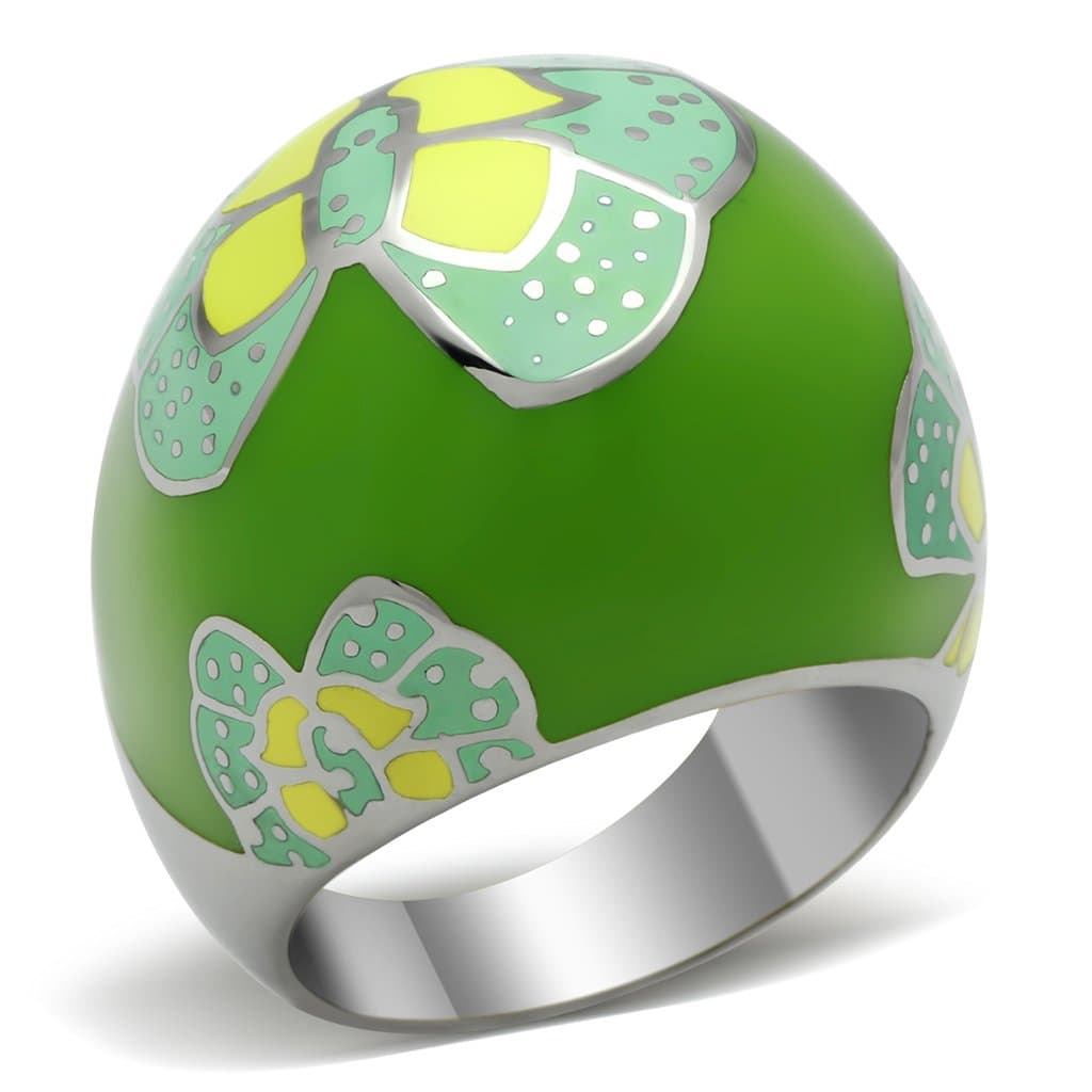 Stainless Steel Green Enamel Floral Butterfly Dome Ring