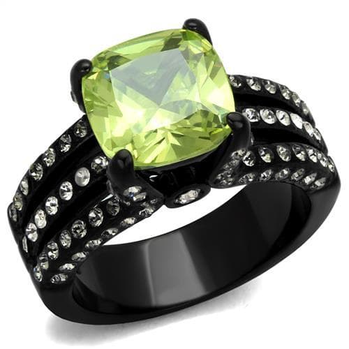 Stainless Steel Black IP Peridot Green Cushion CZ Pave Ring