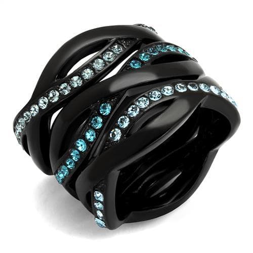 Stainless Steel Black IP Aqua Blue Crystal Diagonal Stripe Ring