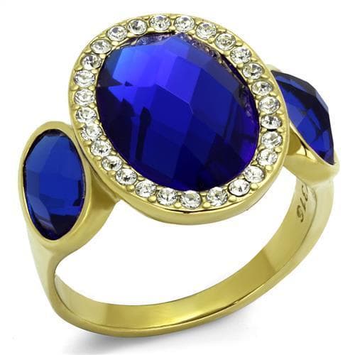 Stainless Steel Gold IP Blue Sapphire Oval CZ Halo Ring