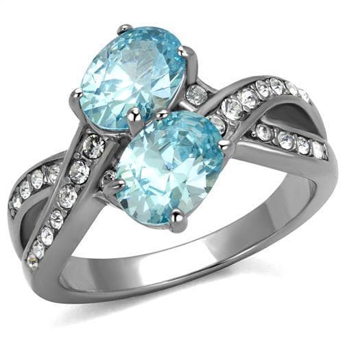 Stainless Steel Aquamarine Blue Oval CZ Halo Split Shank Ring