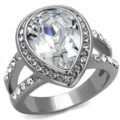 Stainless Steel Clear CZ Oval Halo Pave Split Shank Ring