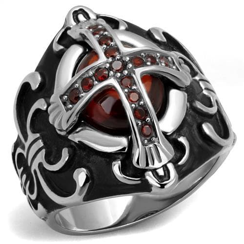 Stainless Steel Gothic Anchor Cross Red CZ Fleur De Lis Ring