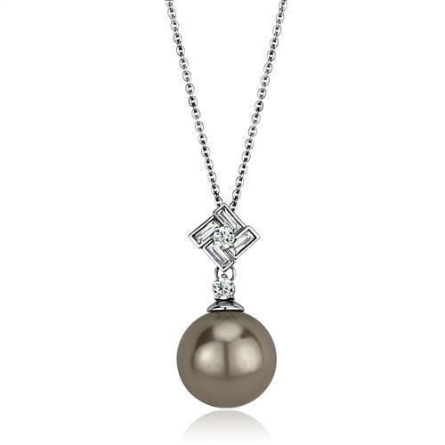 Stainless Steel CZ Square Geometric Drop Gray Pearl Pendant