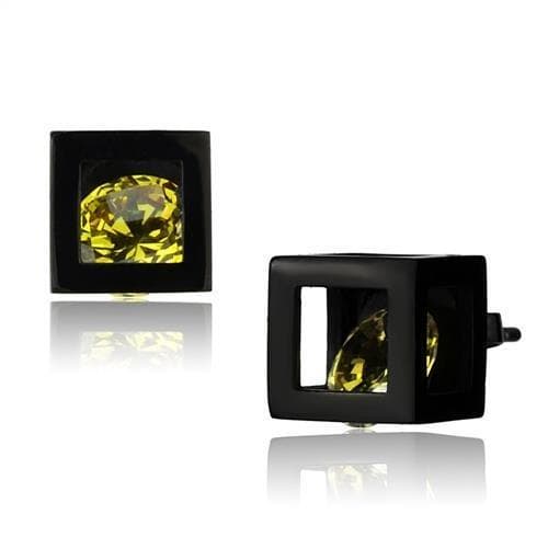 Stainless Steel Black IP Yellow Citrine Square CZ Frame Earrings