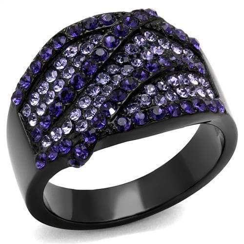 Stainless Steel Black IP Purple Lavender Crystal Fan Dome Ring
