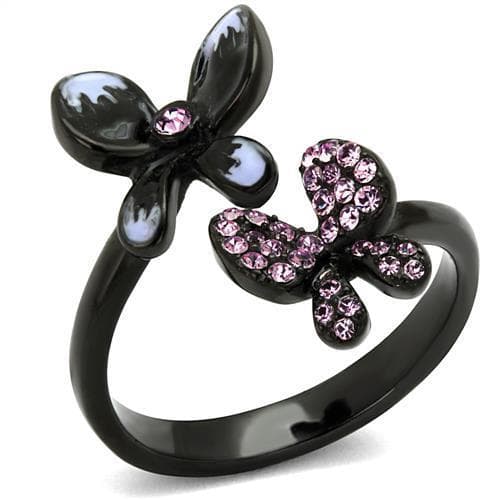 Stainless Steel Black IP Pink Lavender Crystal Butterfly Ring