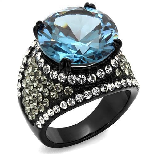 Stainless Steel Black IP Aquamarine Blue Round CZ Pave Ring