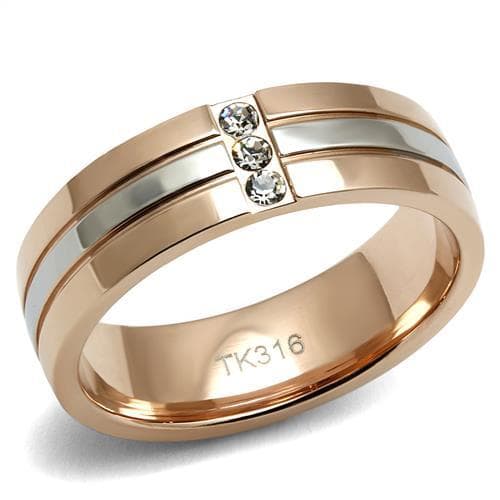 Stainless Steel Rose Gold IP CZ Triple Bezel Groove Accent Ring