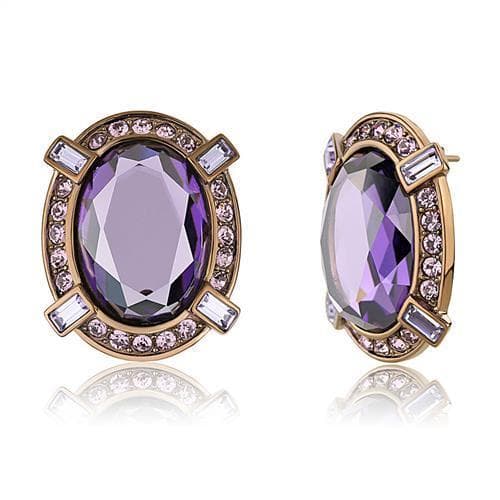 Stainless Steel Rose Gold IP Amethyst Oval CZ Baguette Earrings