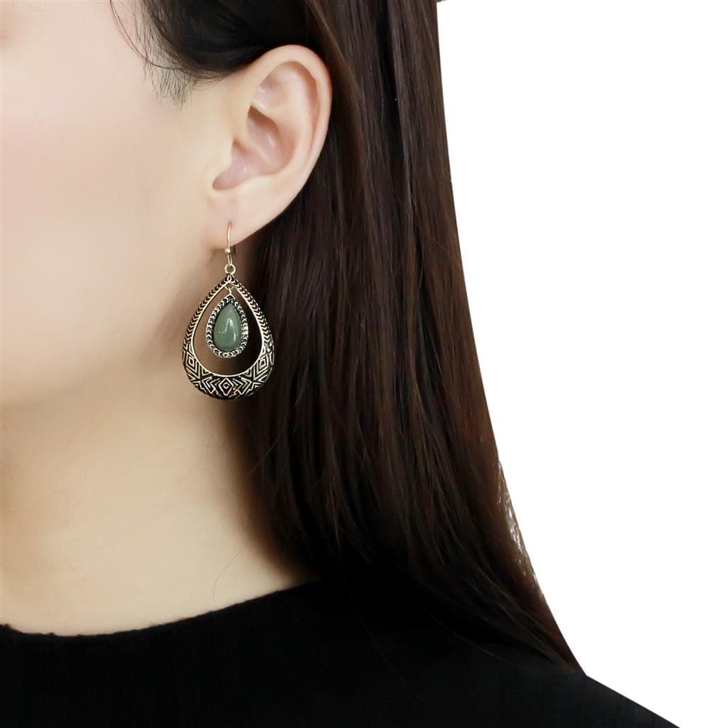 Stainless Steel Antiqued Green Stone Pear Teardrop Halo Earrings