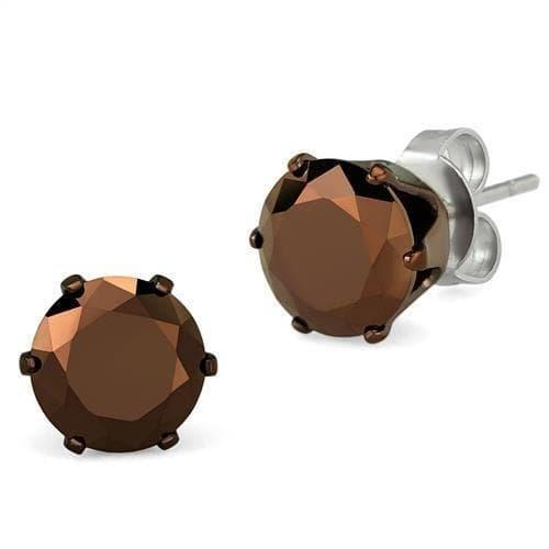 Stainless Steel Smoky Brown CZ Round Faceted Prong Stud Earrings