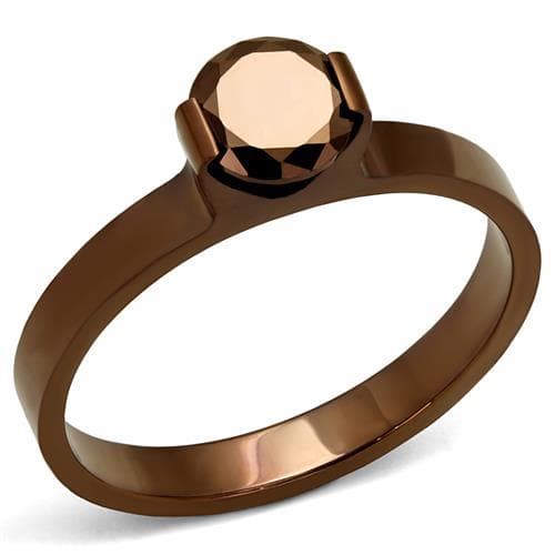 Stainless Steel Coffee Brown CZ Round Slim Solitaire Ring