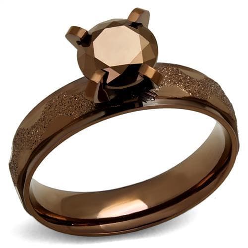 Stainless Steel Coffee Brown CZ Round Solitaire Sandblast Ring