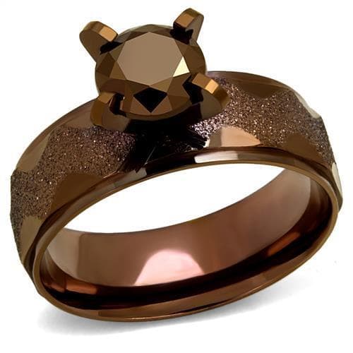 Stainless Steel Coffee Brown CZ Round Solitaire Frosted Ring