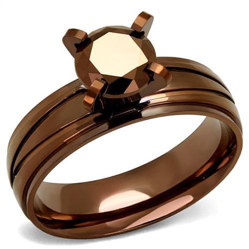 Stainless Steel Coffee Brown CZ Round Solitaire Smooth Ring