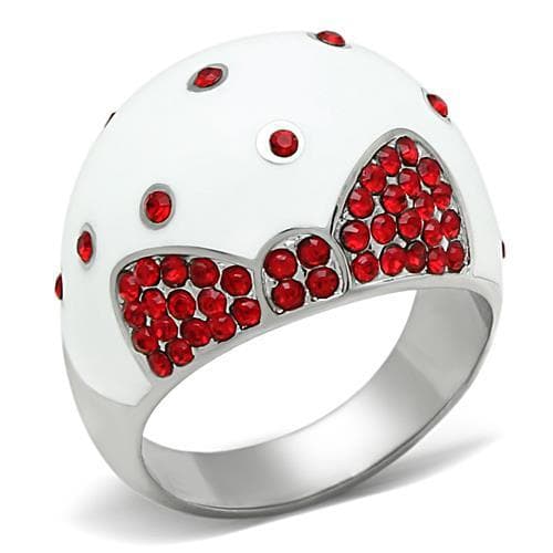 Stainless Steel White Enamel Red Crystal Heart Bow Dome Ring