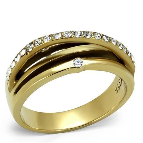 Stainless Steel Gold IP CZ Channel Triple Band Stack Ring