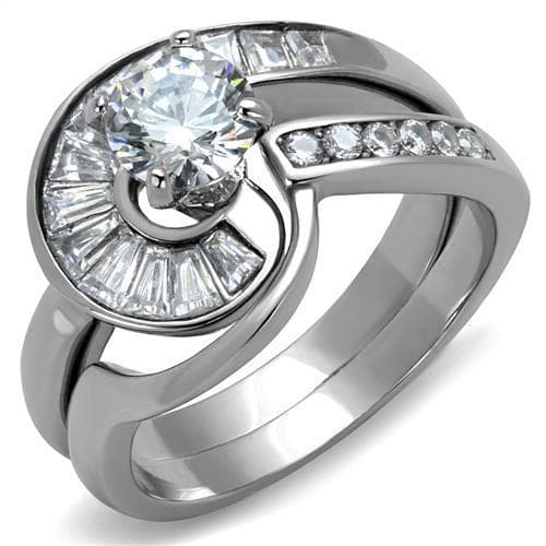 Stainless Steel CZ Round Baguette Swirl Wide Bridal Ring